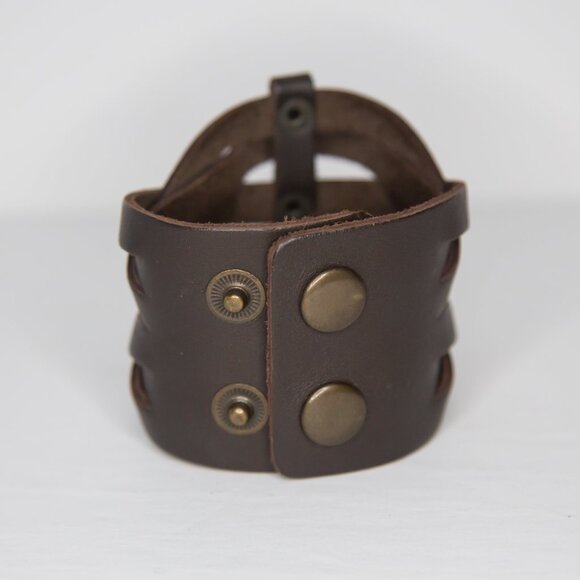 Viking Punk Boho Style Brown Woven Leather Cuff Snap Bracelet - Picture 5 of 10